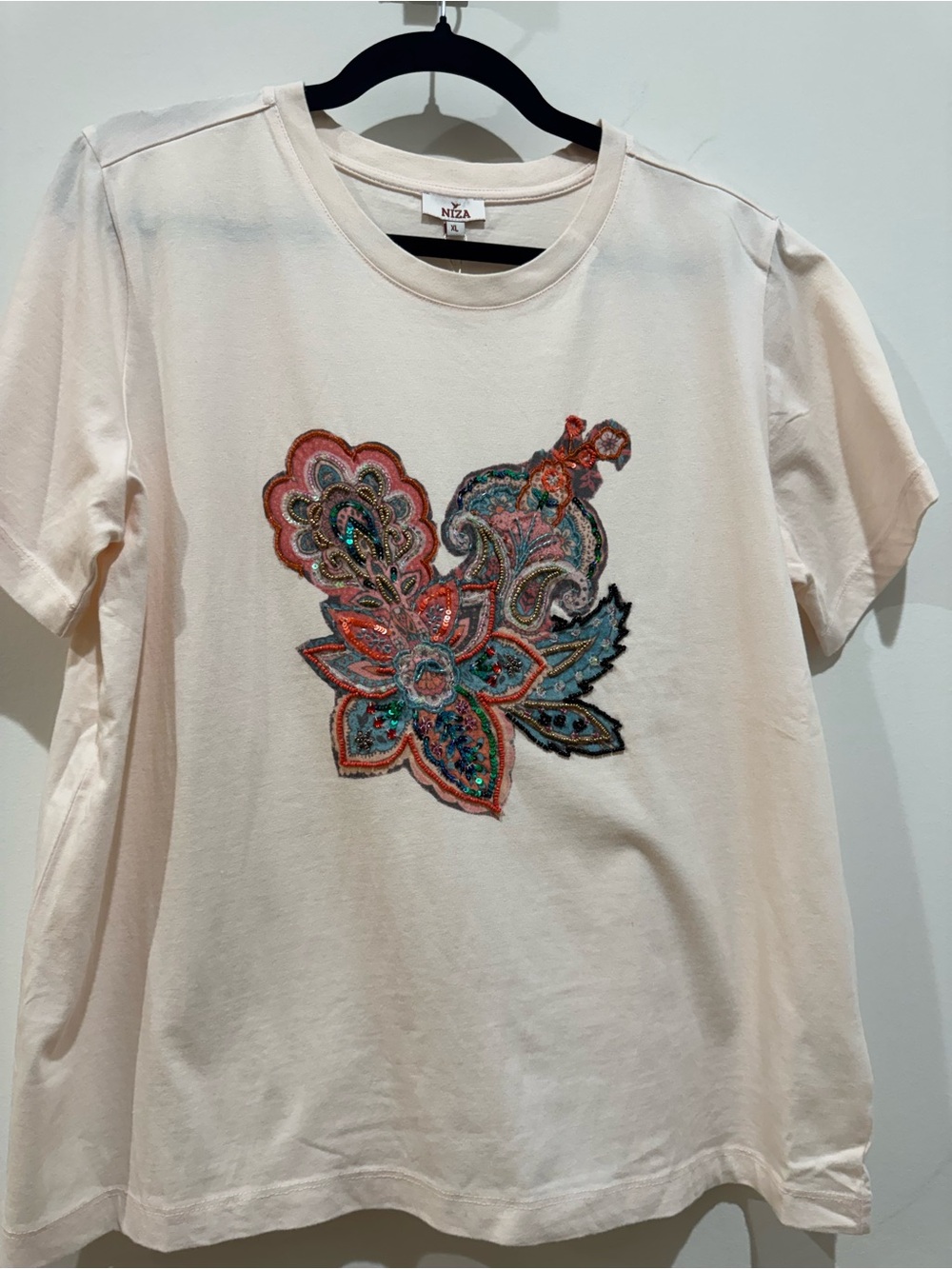 Niza Cream Short Sleeve Tee  hand Embroidered  sequin beaded t shirt Sz  XL NWT
